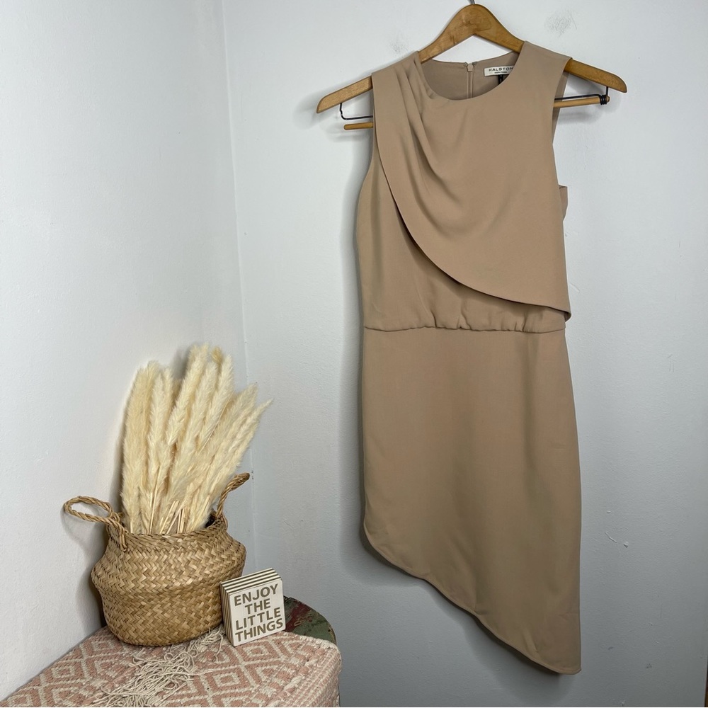 Halston Heritage Camel Drape Front Asymmetrical Hem Dress Sleeveless Size 4 - Picture 5 of 16